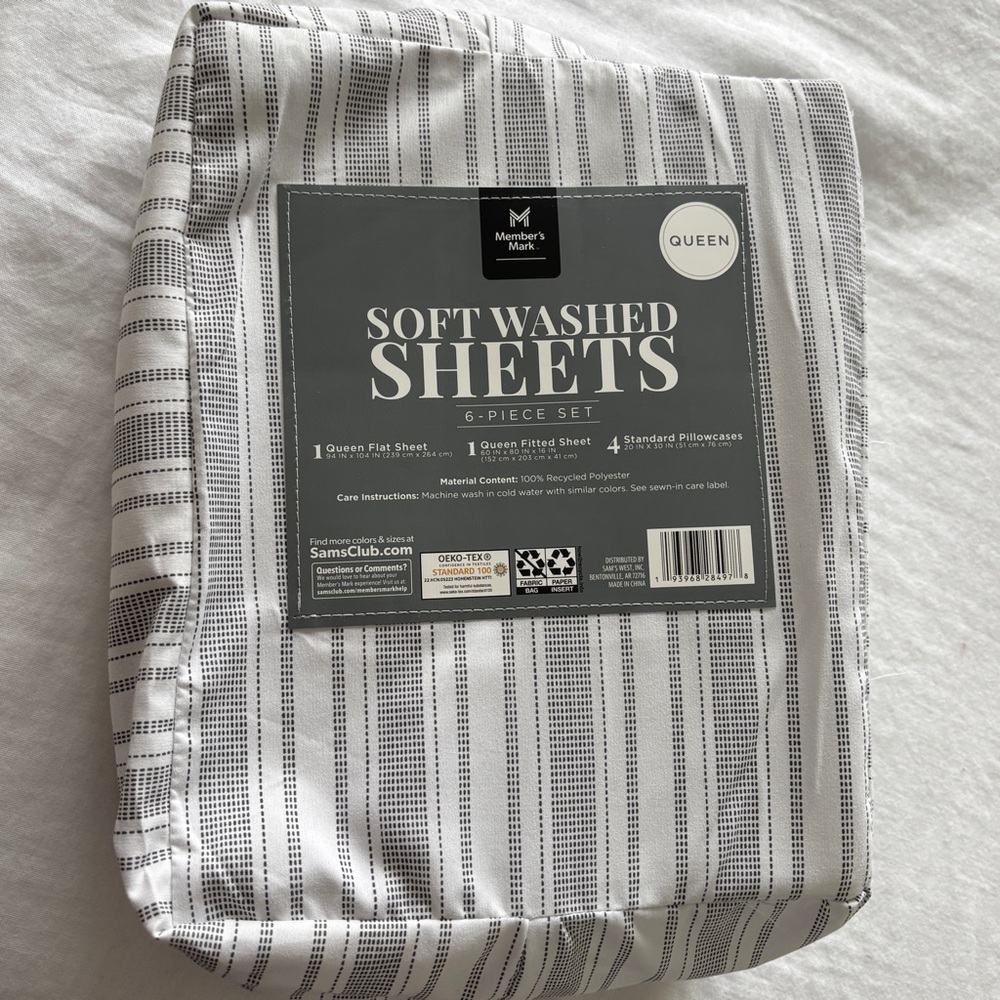 Members mark soft washed top sheet queen sz black & white flat sheet & bag NWT